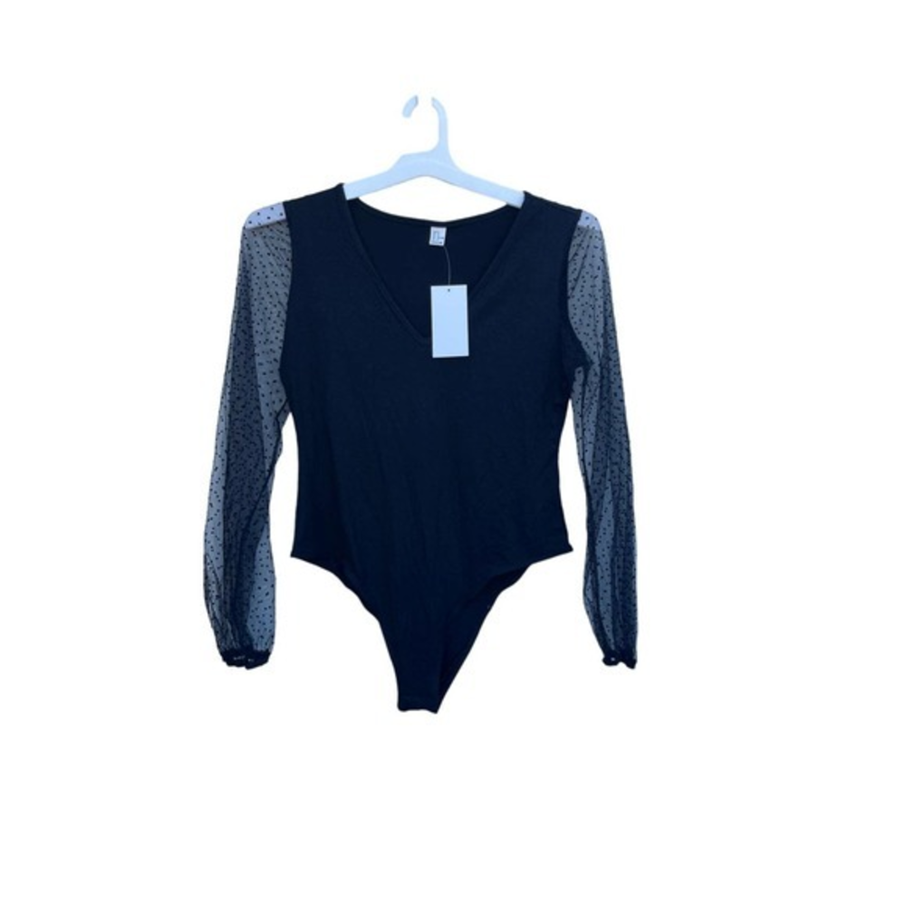 Wdirara Black Bodysuit Sheer Sleeve V‎ Neck XL NWT